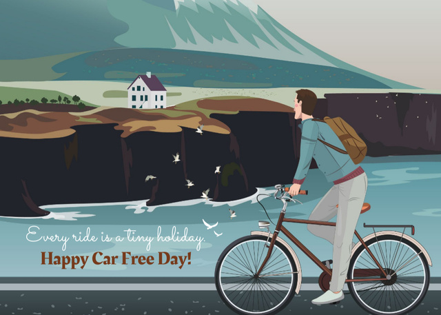 Ontwerpsjabloon van Postcard 5x7in van Car Free Day Greetings With Man On Bicycle
