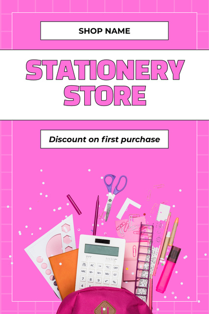 School Stationery Store Advertisement on Pink Pinterestデザインテンプレート