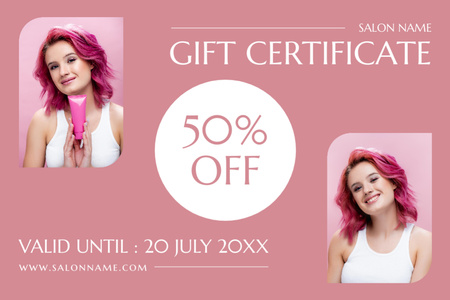 Platilla de diseño Discount Offer on Beauty Services with Woman with Bright Hairstyle Gift Certificate