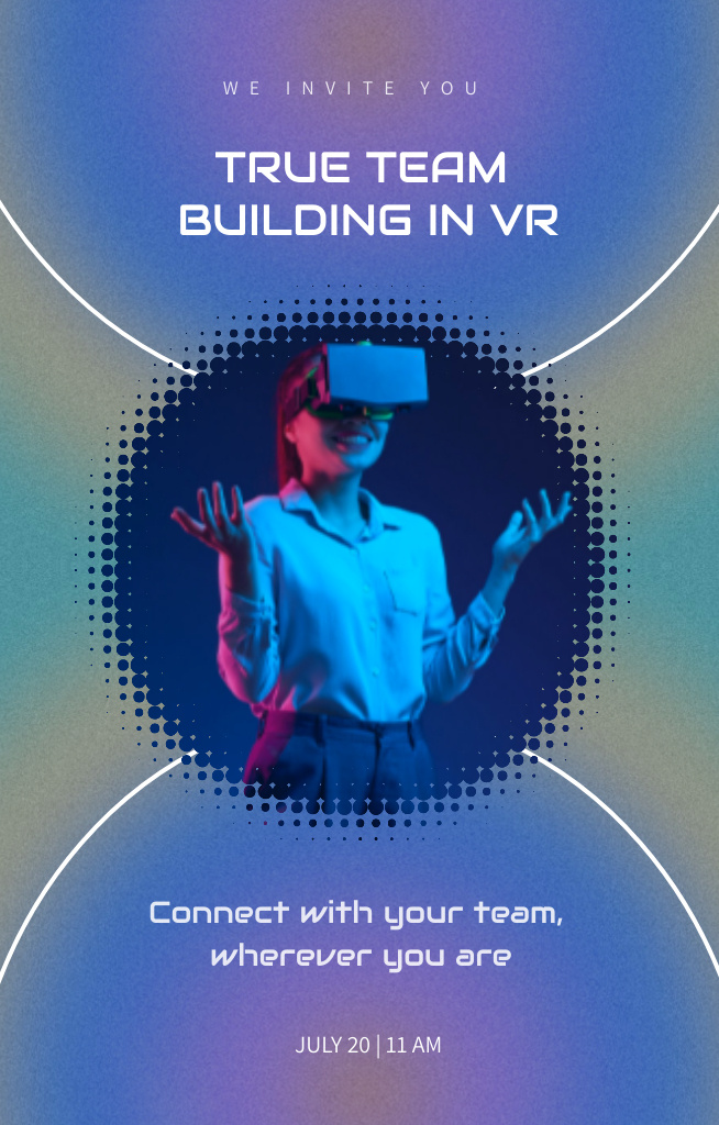 Virtual Team Building Event Announcement with Worker in Headset Invitation 4.6x7.2in Tasarım Şablonu