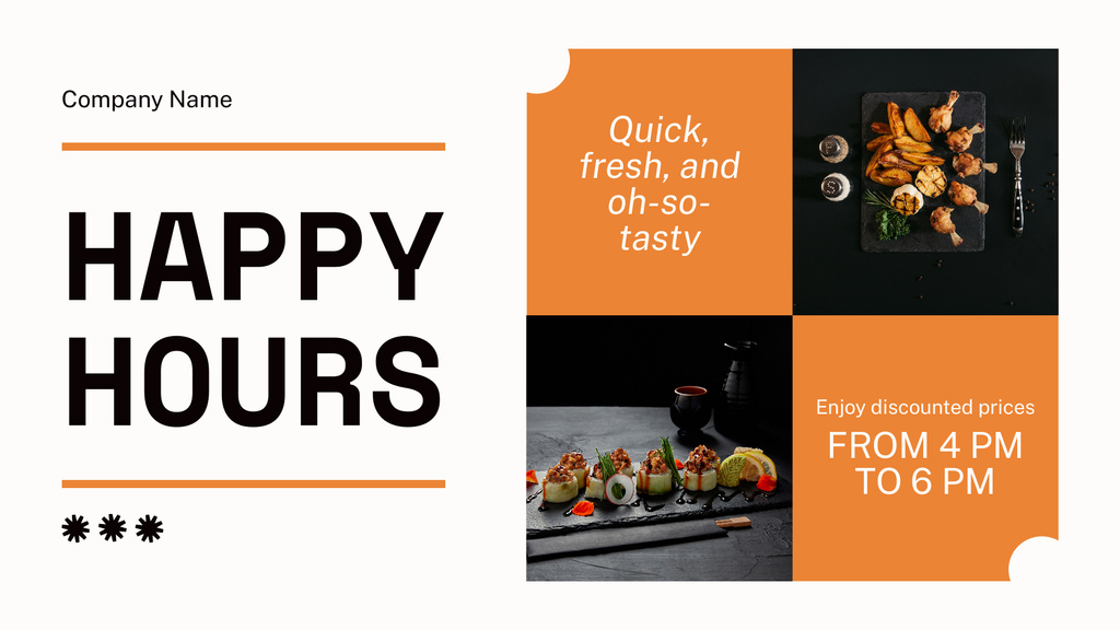 Happy Hours at Fast Casual Restaurant Ad with Tasty Food Title 1680x945px Šablona návrhu