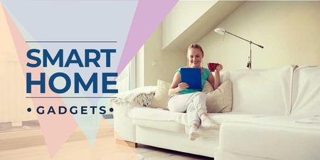 Smart Home Technology with Woman Using Tablet Twitter Design Template
