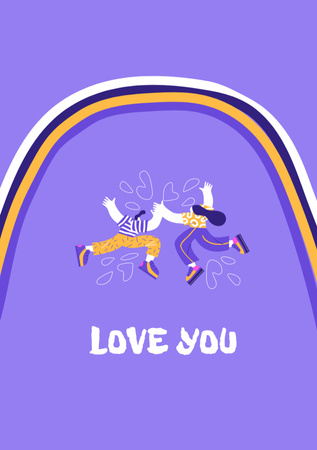 Platilla de diseño Love Phrase with Cute Couple and Rainbow Postcard A5 Vertical