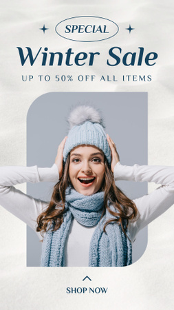 All Positions Winter Sale Announcement with Cheerful Young Woman Instagram Story Design Template