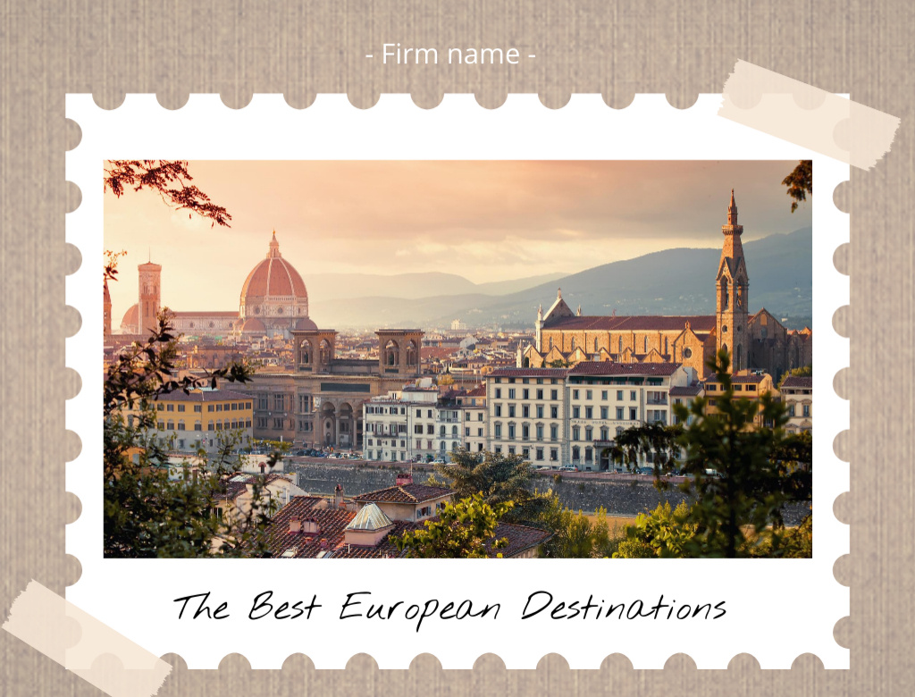 European Destinations Tour Offer With Sightseeing on Postage Stamp Postcard 4.2x5.5in Tasarım Şablonu