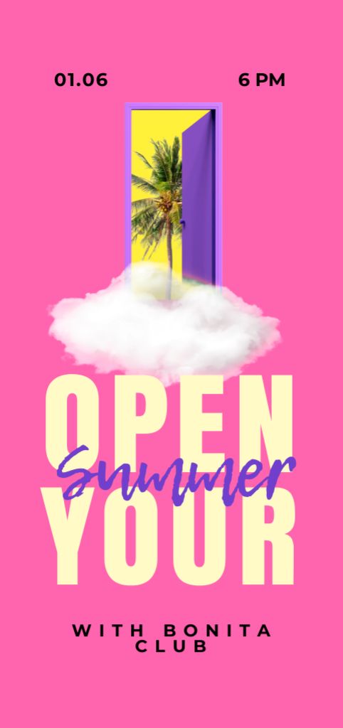 Summer Party Announcement with Open Door and Palm Tree Flyer DIN Large Modelo de Design