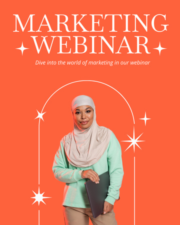 Anúncio de webinar de marketing digital com mulher muçulmana com laptop Instagram Post Vertical Modelo de Design