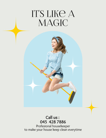 Funny Maid Flying on Broom Flyer 8.5x11in Design Template