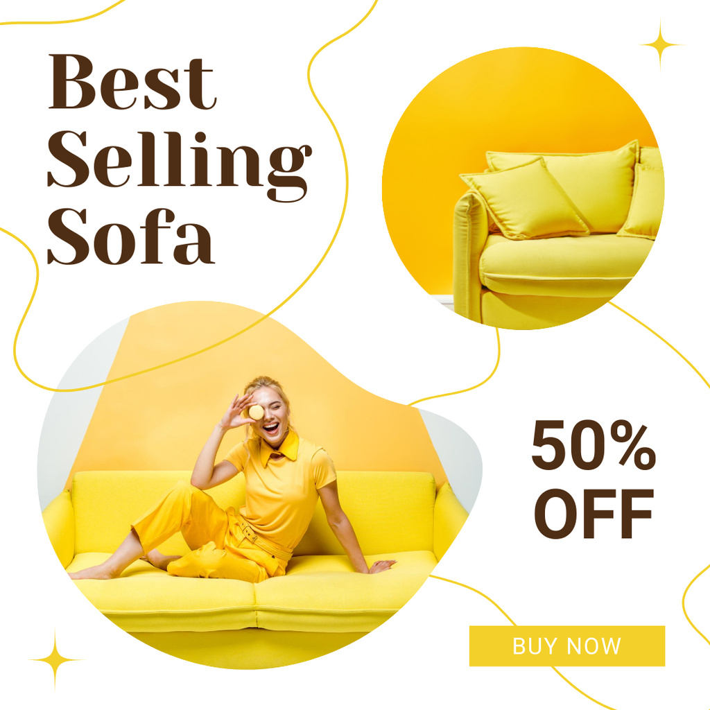 Sofa Sale Announcement with Cheerful Girl Instagram Design Template