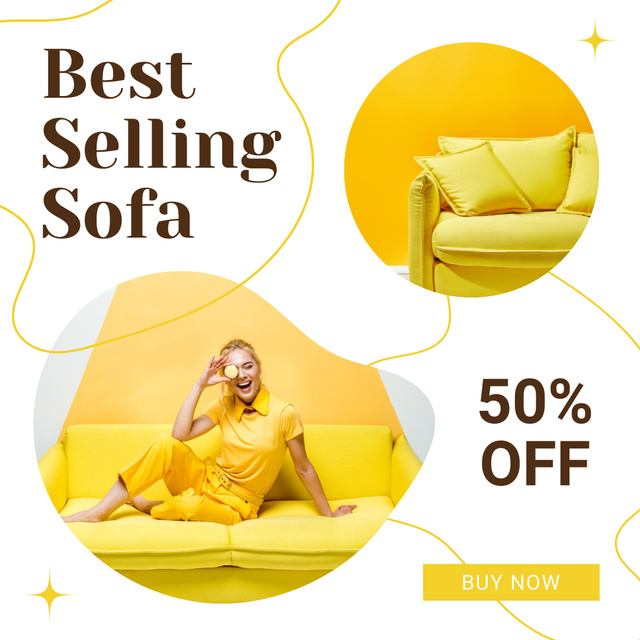 Designvorlage Sofa Sale Announcement with Cheerful Girl für Instagram