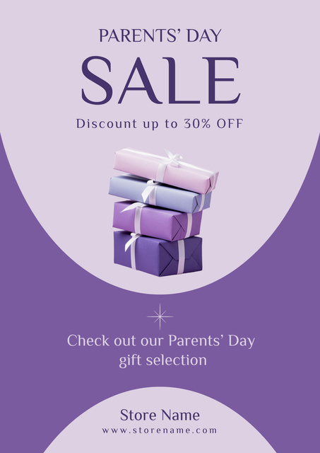 Parent's Day Sale with Cute Purple Gifts Poster Design Template