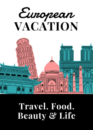 Plantilla de diseño de Vacaciones europeas con lugares de interés turístico famosos Postcard 5x7in Vertical 