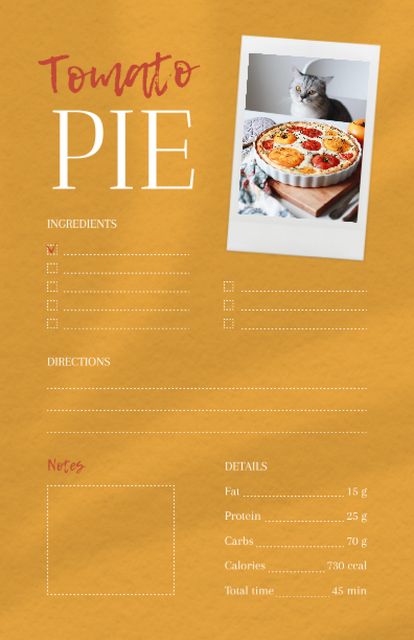 Modèle de visuel Cute Cat looking at Tomato Pie - Recipe Card