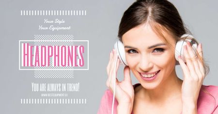Platilla de diseño Headphones sale advertisement with smiling GIrl Facebook AD