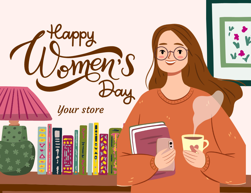 Women's Day Greeting from Bookstore Thank You Card 5.5x4in Horizontal Design Template