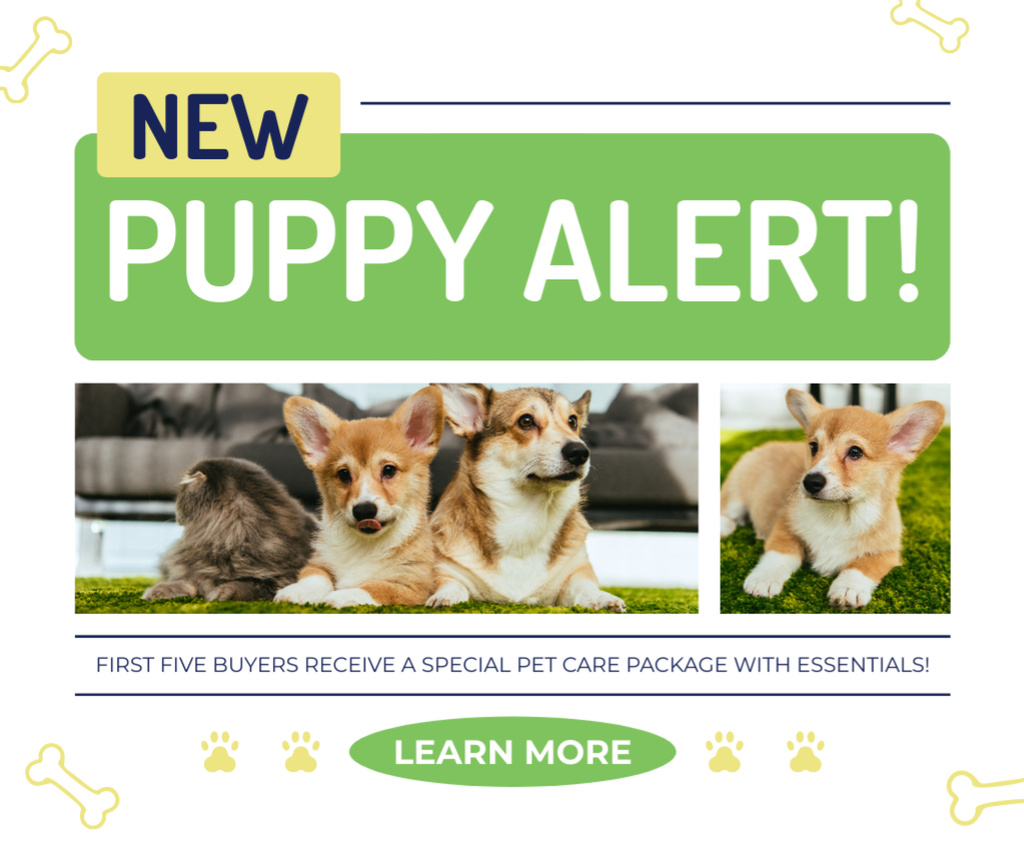 New Puppies Alert on Green Layout Facebook tervezősablon