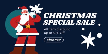 Cartoon Santa on Christmas Sale Blue Twitter Design Template