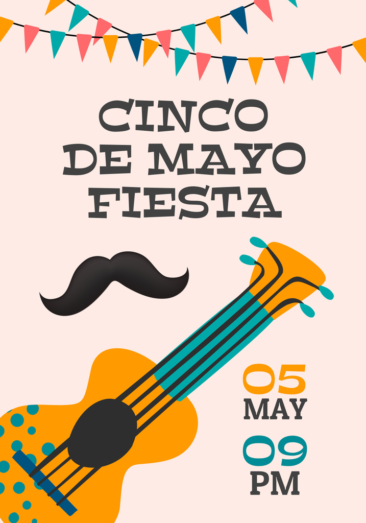 Cinco De Mayo Invitation with Guitar and Mustache Poster 28x40in Design Template