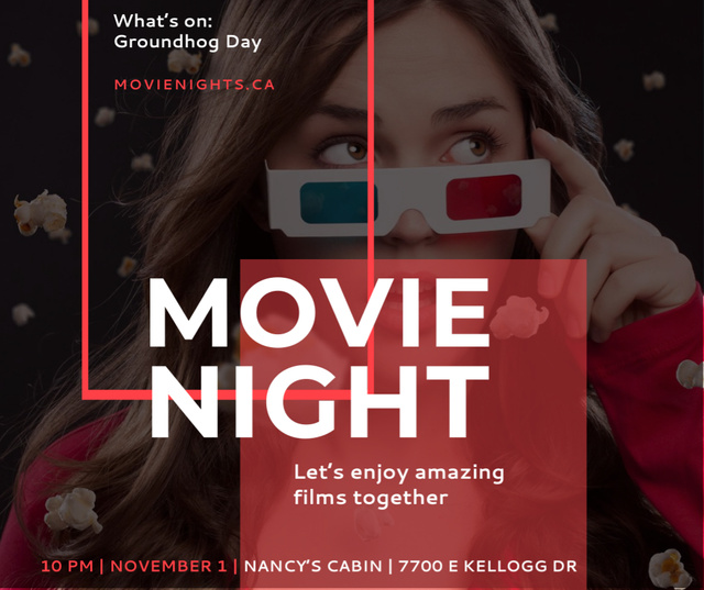 Movie Night Event Woman in 3d Glasses Facebook Design Template