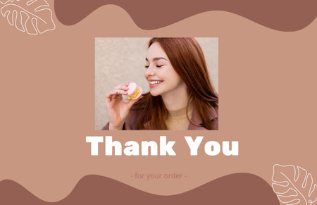 Cheerful Young Woman Eating Dessert Thank You Card 5.5x8.5in Design Template