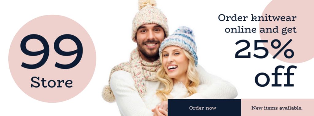 Online knitwear store with smiling Couple Facebook cover Modelo de Design