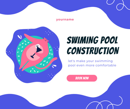 Designvorlage Pool Construction Service Offer with Cute Pink Cat für Facebook