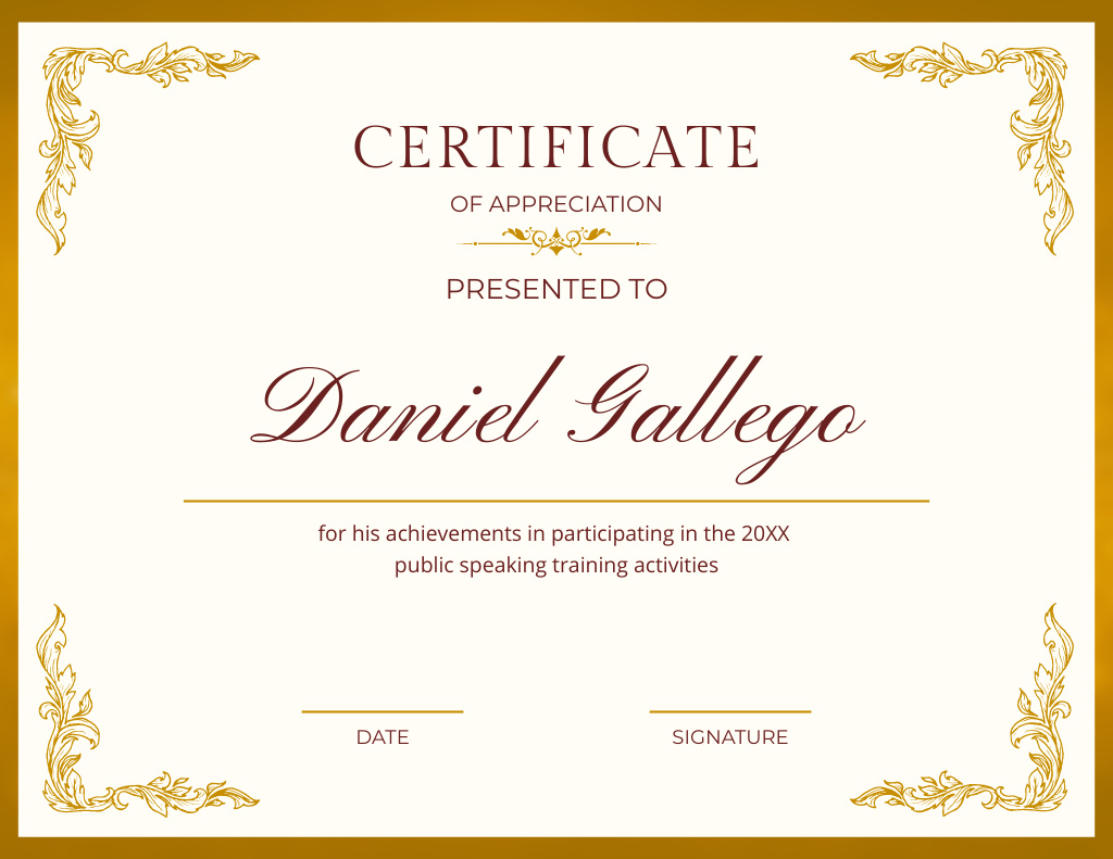 Appreciation for Achievement in Public Speaking Training Activities Certificate Modelo de Design