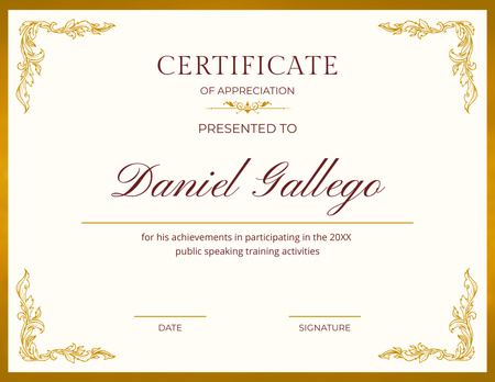 Platilla de diseño Appreciation for Achievement in Public Speaking Training Activities Certificate