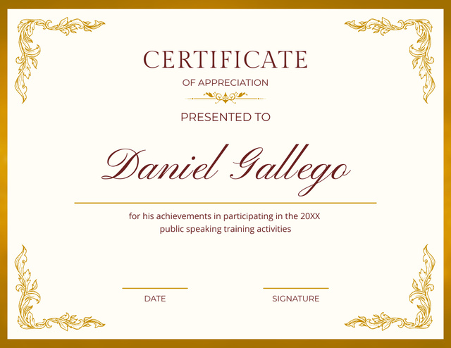 Appreciation for Achievement in Public Speaking Training Activities Certificate Design Template