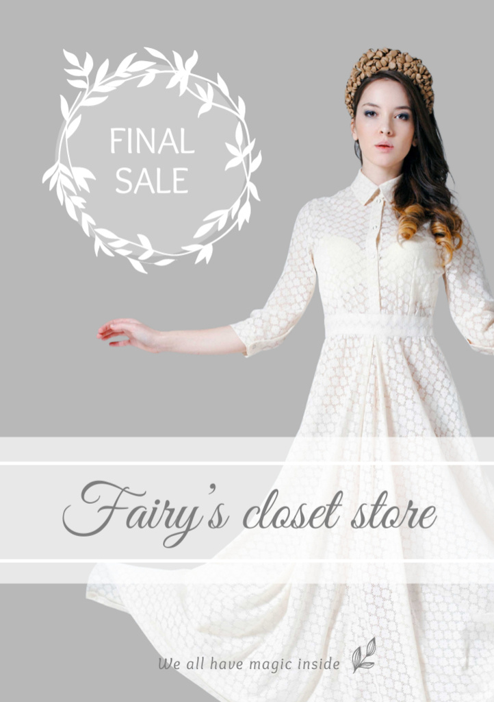 Clothes Sale with Woman in White Dress Flyer A5 Modelo de Design