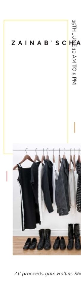 Charity Sale Announcement Black Clothes on Hangers Skyscraper Modelo de Design