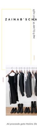 Charity Sale Announcement Black Clothes on Hangers Skyscraperデザインテンプレート