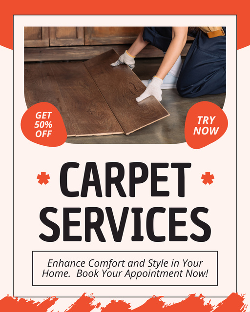 Carpet Services Ad with Woman installing Floor Instagram Post Vertical Modelo de Design