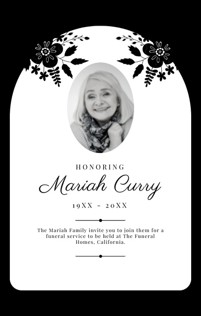 Funeral Service Alert with Photo in Black and White Invitation 4.6x7.2in Design Template