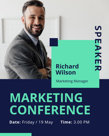 Marketing Conference Announcement with Young Businessman Instagram Post Vertical Design Template