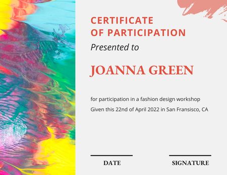 Fashion Design Workshop Participation Сonfirmation Certificate Tasarım Şablonu