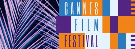 Modèle de visuel Publicité du Festival de Cannes avec des branches de palmier violettes - Facebook cover