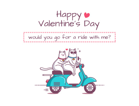 Happy Valentine's Day Greetings with Cute Cats on Scooter Thank You Card 4.2x5.5in Design Template
