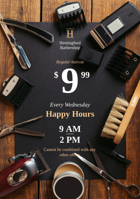 Barbershop Happy Hours Announcement with Professional Tools Flyer A5 Modelo de Design