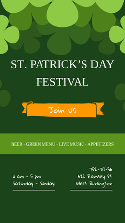 Designvorlage Ankündigung zum St. Patrick's Day Festival mit Kleeblatt für Instagram Video Story