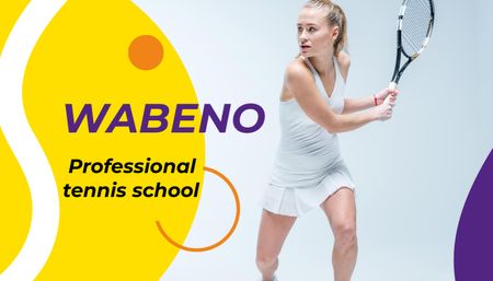 Tennis School Ad with Young Woman with Racket Business Card US tervezősablon
