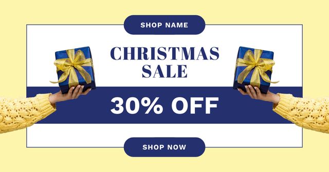 Amusing Christmas Gifts Sale Blue and Yellow Facebook AD tervezősablon