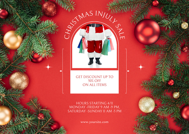 Template di design July Christmas Sale Shopping with Santa and Gifts Flyer A6 Horizontal