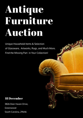 Ontwerpsjabloon van Flyer A5 van Antieke meubelveiling advertentie met luxe gele fauteuil