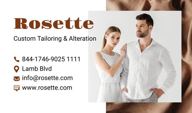 Custom Tailoring Services Ad with Couple in White Clothes Business cardデザインテンプレート