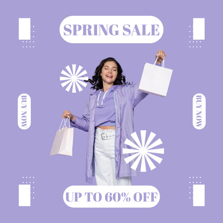 Spring Sale with Young Woman on Purple Instagram Design Template