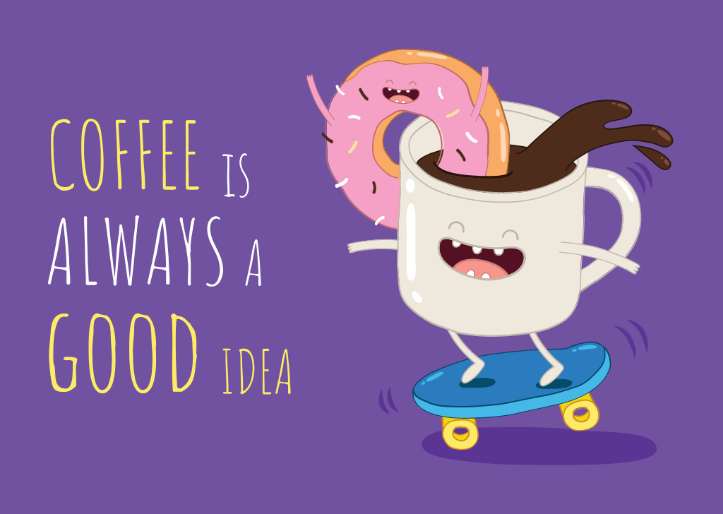 Coffee Cup Riding Skateboard Postcard – шаблон для дизайну