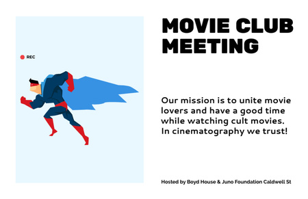 Plantilla de diseño de Interesting Movie Club Gathering With Superhero Costume Flyer 5.5x8.5in Horizontal 