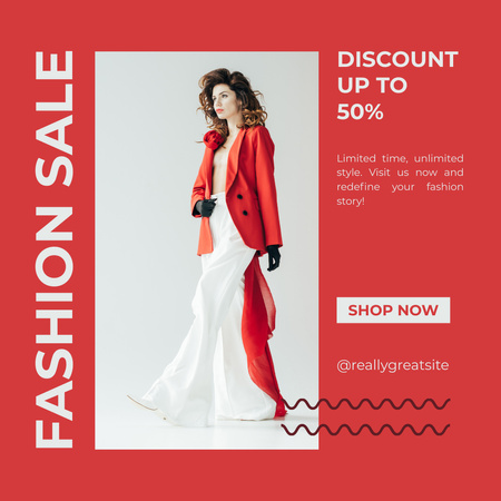 Female Fashion Sale Ad with Woman in Red Jacket Instagram Design Template