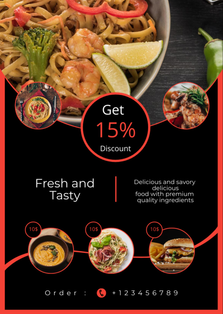Template di design Get Discount on Delicious and Fresh Food Flyer A6